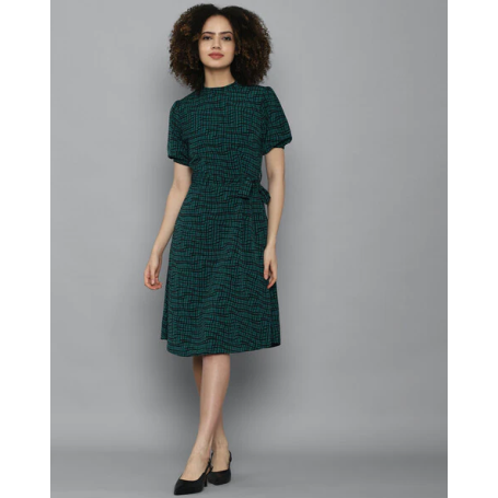 ALLEN SOLLY Striped A-line Green Dress with Waist Tie-up