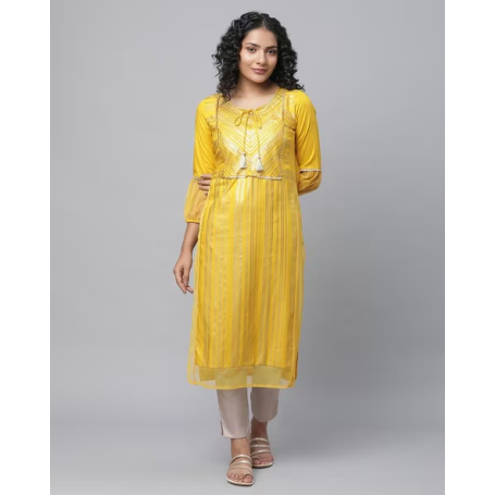 AURELIA Foil Print Yellow Straight Kurta