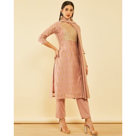 SOCH Women Leaf Print Straight Kurta Set with Dupatta