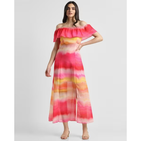 ALLEN SOLLY Women Tie & Dye Off-Shoulder A-Line Dress